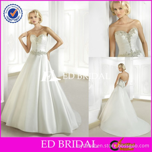 CE457 2015 Sexy A-Line Sweetheart Beaded Court Train White Satin Bridal Wear
